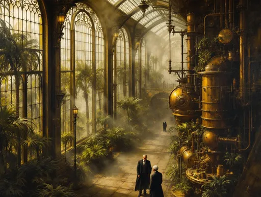Prompt: A painting in the style of 19th-century realism. A perspective from above inside an enormous, tall, hazy, elongated Victorian-era greenhouse filled with lush tropical plants and palms from which steam slowly rises. Tall, arched, dirty Victorian windows with panes richly decorated with wrought iron frames shaped like intricate filigree featuring delicate curls and lace-like metalwork. An enormous, elongated steampunk machinery made of brass, copper pipes, riveted metal plates and rotating mechanical components. Shafts of sunlight filtering through windows illuminating the dust suspended in air. Two  men dressed in late 19th-century fashion are engaged in a conversation. One of them facing the camera has a short, sharp-pointed white beard.