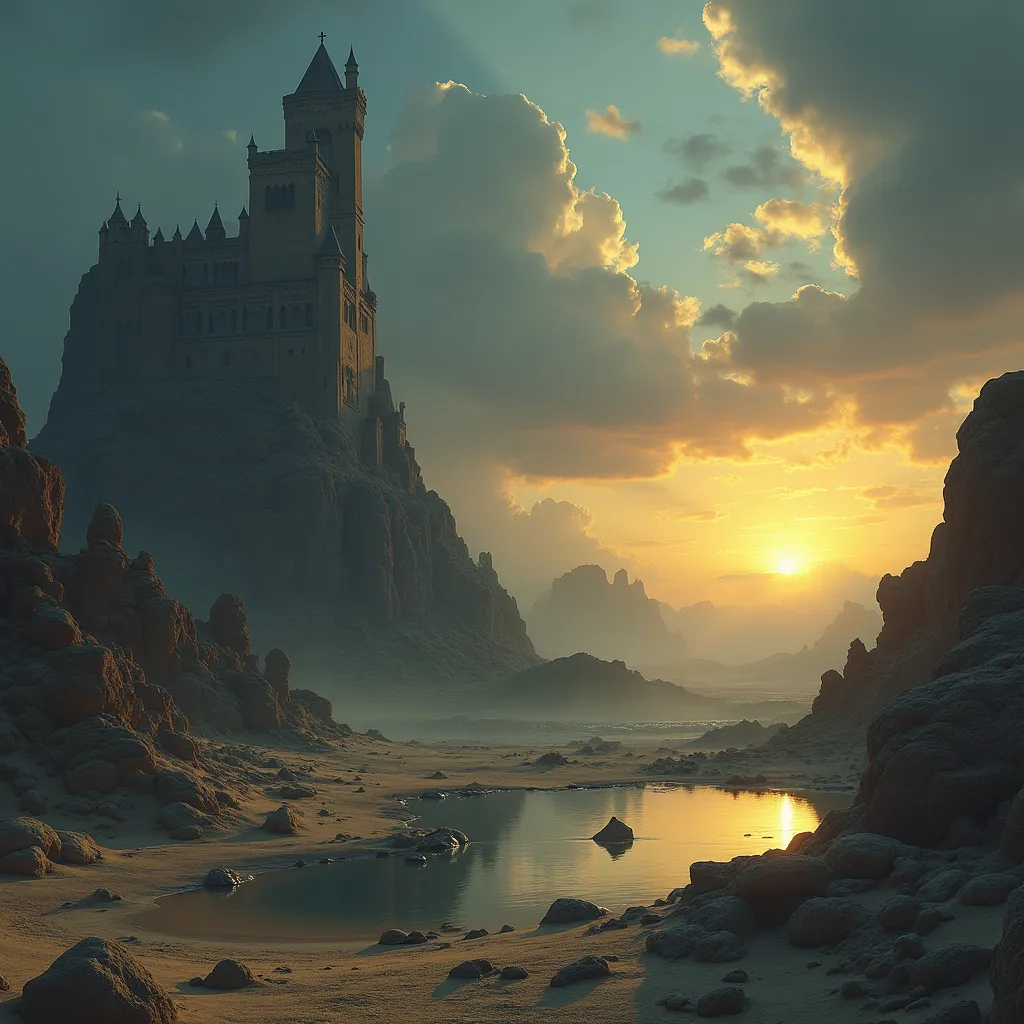 Prompt: A surreal and majestic desert landscape featuring a towering gothic castle on a rocky hill , with a small reflective pool in the foreground . The sky is dramatic , filled with dense clouds , a glowing moon contrasts with the golden hues of a setting sun . The scene evokes a mystical and other worldy atmosphere