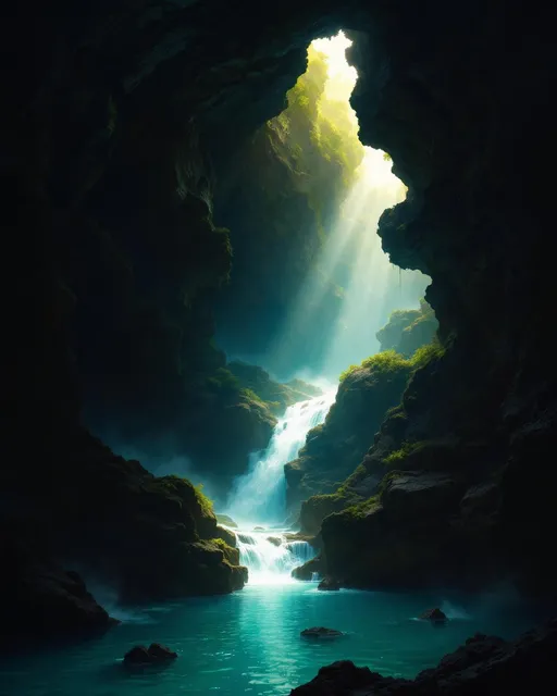 Prompt: A dark cave with deep caverns and sky-high walls that form into ceilings flooded with turquoise water . Mist. A small waterfall pours in through a crack in the ceiling where sunrays stream down and illuminate the water . The style of 19th-century realism.