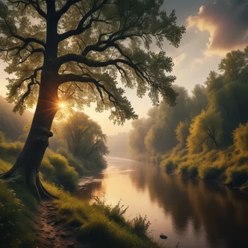 Prompt: The slopes of a forest descend to a river that flows quietly. A big oak stands above the river. Dense and dark forest. Mist . Scene lit by golden sunset . Dramatic sky