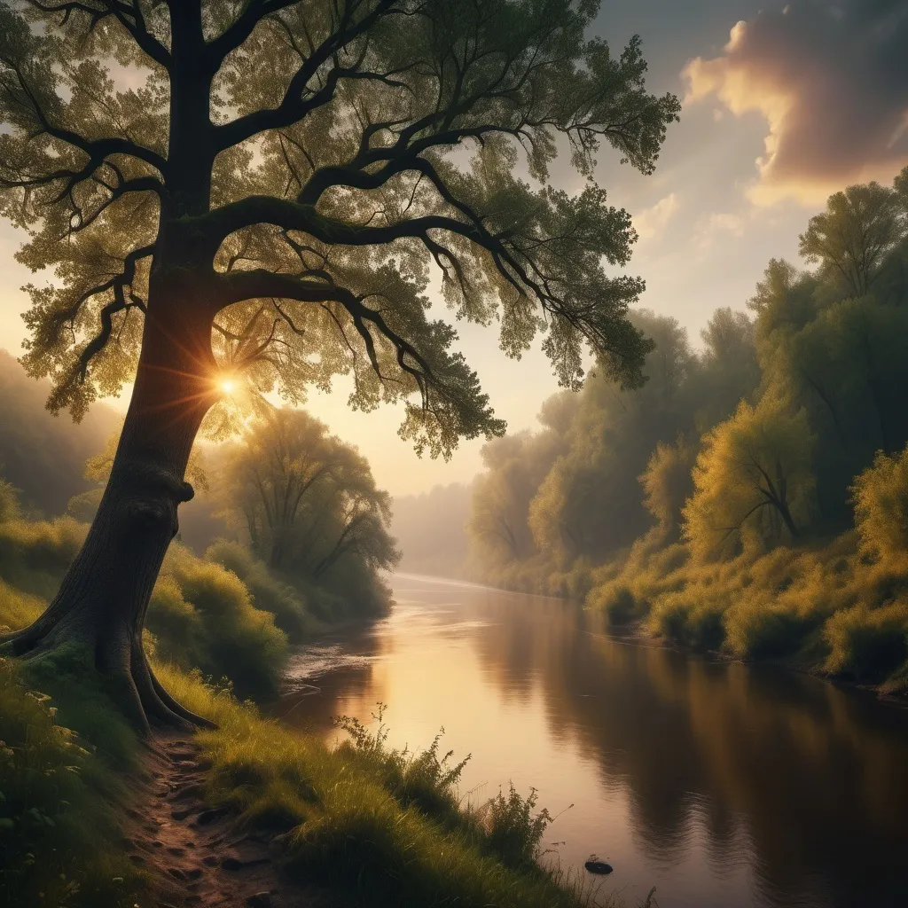 Prompt: The slopes of a forest descend to a river that flows quietly. A big oak stands above the river. Dense and dark forest. Mist . Scene lit by golden sunset . Dramatic sky