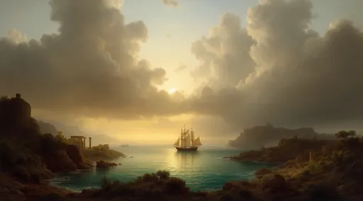 Prompt: A sailing ship exiting a cove surrounded by rocky cliffs covered in vegetation . Greek ruins . Mist. Turquoise water . The most striking element is the sky . Thick, billowing clouds stretch across the sky, heavy and textured with tones of grey, brown, and hints of blue. These clouds seem to part just enough to reveal a glowing band of soft, golden-yellow light near the horizon, suggesting either a sunrise or a sunset. This light gently spills across the landscape, casting a muted radiance that enhances the depth and mystery of the scene. The style of 19th-century realism .