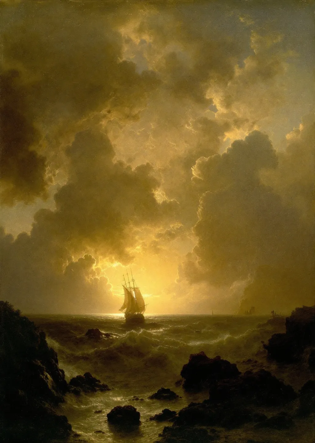 Prompt: White columns and arches , rocks , mist, stormy ocean , a sail ship
The most striking element is the sky . Thick, billowing clouds stretch across the sky, heavy and textured with tones of grey, brown, and hints of blue. These clouds seem to part just enough to reveal a glowing band of soft, golden-yellow light near the horizon, suggesting either a sunrise or a sunset. This light gently spills across the landscape, casting a muted radiance that enhances the depth and mystery of the scene. The style of 19th-century realism.
