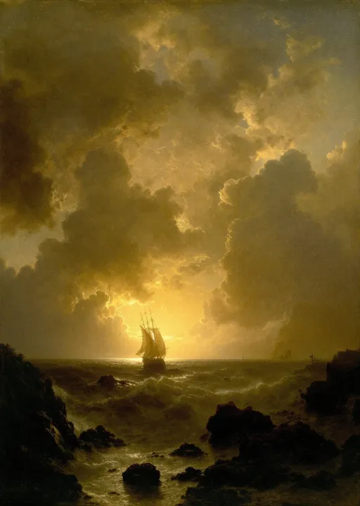 Prompt: White columns and arches , rocks , mist, stormy ocean , a sail ship
The most striking element is the sky . Thick, billowing clouds stretch across the sky, heavy and textured with tones of grey, brown, and hints of blue. These clouds seem to part just enough to reveal a glowing band of soft, golden-yellow light near the horizon, suggesting either a sunrise or a sunset. This light gently spills across the landscape, casting a muted radiance that enhances the depth and mystery of the scene. The style of 19th-century realism.

