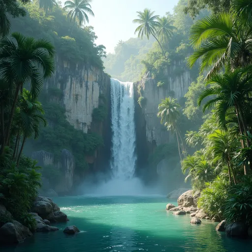 Prompt: White, chalk cliffs covered in lush tropical plants and palms. Mist. Waterfalls. A turquoise pond . Sunlight . 