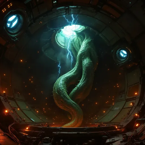 Prompt: An alien, slimy, massive organism growing in the 
dark, cylindrical, sci-fi massive ventilation shaft with walls covered in intricate panels, pipes and scattered orange lights. Dim light coming from above . Mist . Blue electrical discharges .