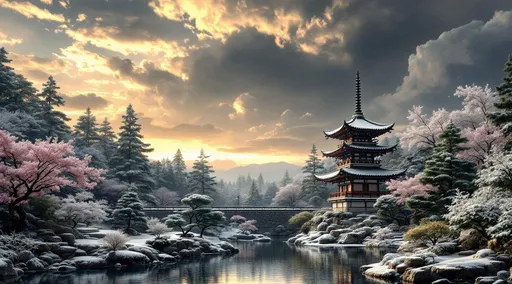 Prompt: A shallow pond in a Japanese garden . A Japanese ornamental garden sculpture  of a pagoda covered in snow too . Further-dense , gnarled , lush Japanese pine trees dusted with snow, some bonsai and flowering peach trees . The stone wall that surrounds the garden is made of aged stone and capped with traditional Japanese roof tiles . The tiles form a continuous , undulating line and appear lightly dusted with snow or frost . The wall stands as a subtle but solid architectural element separating the foreground from the shadowy trees beyond.
The most striking element is the sky . Thick, billowing clouds stretch across the sky, heavy and textured with tones of grey, brown, and hints of blue. These clouds seem to part just enough to reveal a glowing band of soft, golden-yellow light near the horizon, suggesting either a sunrise or a sunset. This light gently spills across the landscape, casting a muted radiance that enhances the depth and mystery of the scene. The style of 19th-century realism.