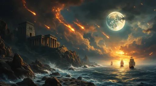 Prompt: Ruined temples of Atlantis perched on rocky cliffs under a meteor shower. Flaming meteors crashing and exploding. Crumbled and shattered stone columns . Meteors strike the ocean creating massive water splashes . Ancient sail ships floating on the stormy ocean. Menacing clouds looming ominously above the ocean , lifelike details in the clouds, shadowy tendrils emerging from the clouds threatening to engulf the ships , dramatic lighting casting sinister shadows , eerie ambiance , tension filled scene . A broken , destroyed, fragmented moon looms in the sky. The style of the 19th-century realism.