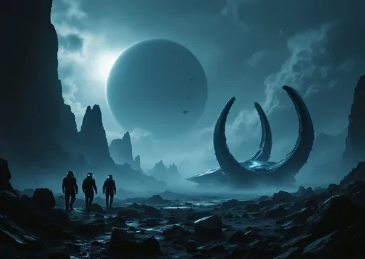Prompt: In the left side of the image we can see three individuals wearing a combination of a samurai armor and a hockey suit space suits and helmets with lights walk through a dark , alien landscape filled with jagged, contorted rocks . In the right side of the image , in the distance , masked by jagged rocks we can see a crashed , massive,  covered in mist, asymmetrical , wishbone-shaped , alien , sci-fi , biomechanical looking spacecraft with a thickened central section set between two prong-like structures partially illuminated by the bluish, faint light of the distant sun . The dim , blue light of the distant sun casts an eerie glow . Mist and vapor rises from the ground . A massive ringed planet with its satellites dominates the sky . Giant , menacing , dark clouds looming omniously above the landscape , shadowy tendrils emerging from the clouds threatening to engulf the ship , dramatic lighting casting sinister shadows , cold and eerie ambiance . Tension filled scene . The overall scene is reminiscent of the visual style films like Alien . The lighting and shadows contribute to an omnious , foreboding mood suggesting an abandoned or otherworldy setting . Blue stormy clouds . Blue mist .