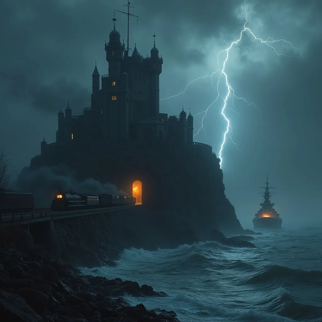 Prompt: A dark , weathered German nazi lair castle with blackened walls stands atop a high jagged black rock on the seashore . A steam train moves up to the castle on the shore along a winding railway that leads directly into the castle's open gate revealing a warmly lit interior .On the stormy waters a 1940's huge battleship fires its turret cannons at the castle . The scene is set at night under a sky filled with heavy , dark clouds . Mist . A lightning hits the lightning rod on the castle main tower .