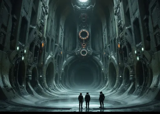 Prompt: Three individuals wearing a combination of a samurai armor and a hockey suit space suits and helmets with lights stand looking up in front of an enormous , towering, highly detailed , biomechanical, wet and slimy wall inside a massive, dark, alien derelict. The surface is composed of a series of large , rib-like , vertical structures or conduits that curve smoothly toward the bottom blending into the floor . Each "rib" appears to be made of a dark, metallic or stone-like material with subtle greenish-brown hues and a  weathered texture. Between the ribs intricate mechanical panels with symmetrical patterns, grooves and recesses can be seen contributing to the industrial yet organic look. Several of the ribs are wrapped or reinforced by segmented clamp-like structures adding to the structural complexity . One central rib stands out due to its larger size and different surface texture appearing more worn and slightly reddish with circular and rectangular details suggesting interfaces or ports . This central element may serve a functional or symbolic purpose possibly indicating a conduit or vent .
The overall aesthetic is dark, moody and alien evoking the interior of a biomechanical derelict . The detailing suggests a fusion of organic and synthetic elements reinforcing a sense of both technological advancement and eerie decay . Inside the derelict is dark the only lights visible are the helmets lights spots projected on the wall. Mist. The three individuals are dwarfed , barely visible at the bottom of the massive wall with their lights on. Steam.
