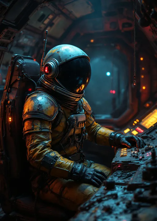 Prompt: A cosmonaut in a vintage , decayed , rusted , gothic space suit sitting at a decayed , vintage command panel of an abandoned space ship in the dim, flickering light of a neon . Mist