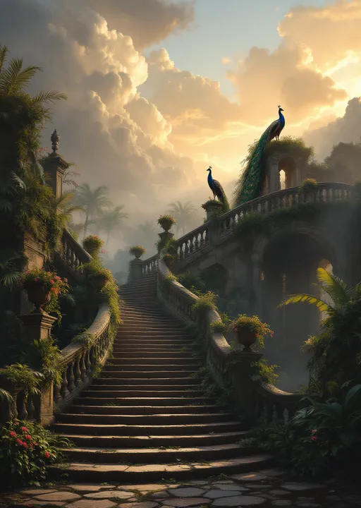 Prompt: A crumbling staircase of a ruined palace. The staircase has ornate stone balustrades decorated with stone urns filled with withered flowers. Lush tropical plants coil around the ornate pillars of the balustrades. A huge peacock stands gracefully on the steps. Lush tropical plants , flowers and palms. Mist. A ruined fountain with a statue covered in moss . The most striking element is the sky . Thick, billowing clouds stretch across the sky, heavy and textured with tones of grey, brown, and hints of blue. These clouds seem to part just enough to reveal a glowing band of soft, golden-yellow light near the horizon, suggesting either a sunrise or a sunset. This light gently spills across the landscape, casting a muted radiance that enhances the depth and mystery of the scene. The style of 19th-century realism.