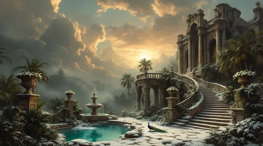 Prompt: A ruined and crumbling palace with tall windows covered in snow with staircases with ornate stone balustrades decorated with stone urns filled with white flowers. Lush tropical plants and palms . A peacock stands gracefully on the steps . A frozen turquoise pond .Mist. A ruined fountain with a sttaue covered in moss . The most striking element is the sky . Thick, billowing clouds stretch across the sky, heavy and textured with tones of grey, brown, and hints of blue. These clouds seem to part just enough to reveal a glowing band of soft, golden-yellow light near the horizon, suggesting either a sunrise or a sunset. This light gently spills across the landscape, casting a muted radiance that enhances the depth and mystery of the scene. The style of 19th-century realism.