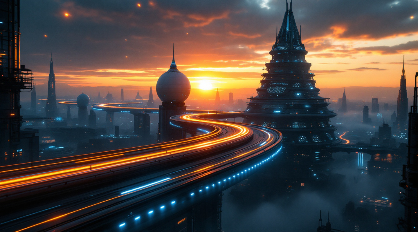 Prompt: A suspended sci-fi information superhighway carrying streams of bright blue and orange light beams winding its way through a dark futuristic sci-fi cityscape. Mist. The highway twists and curves between towering white sci-fi buildings in spherical , pyramidal , truncated cone and truncated pyramid shapes covered with scattered blue and orange lights . Darkness. Sunset .
