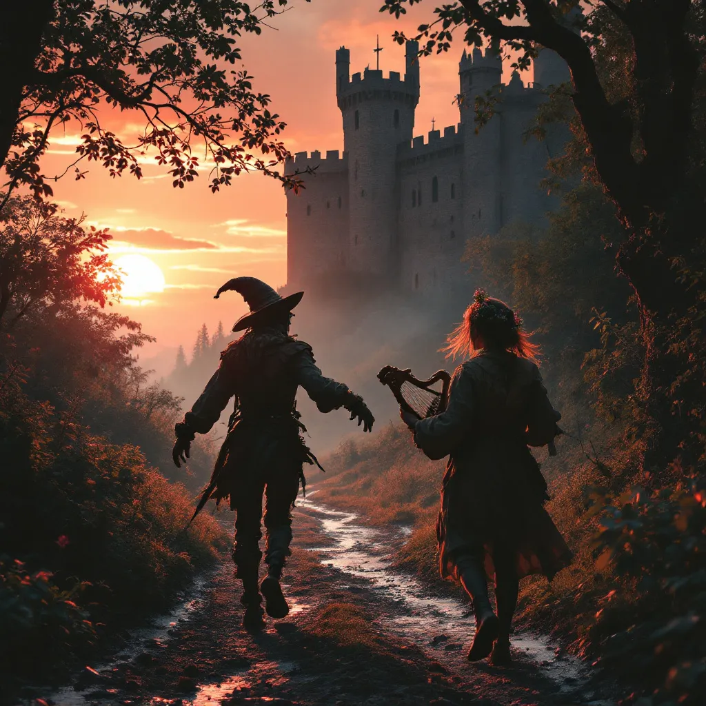 Prompt: The silhouettes of a shabby-dressed court jester and a minstrel playing a small hand-held harp that dance merrily along a winding, muddy path through a lush, green forest against the ethereal crimson hues of the setting sun. Behind them a grand, towering medieval castle rises in the distance partially veiled by mist and towering trees . Reddish light of the sunset. Mist. Eerie and mysterious scene .