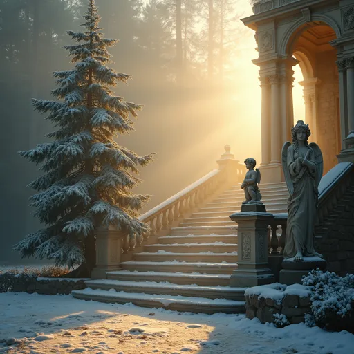 Prompt: The staircase of a palace, a snowy fir tree next to it, statues with putto angels , mist , golden sunlight