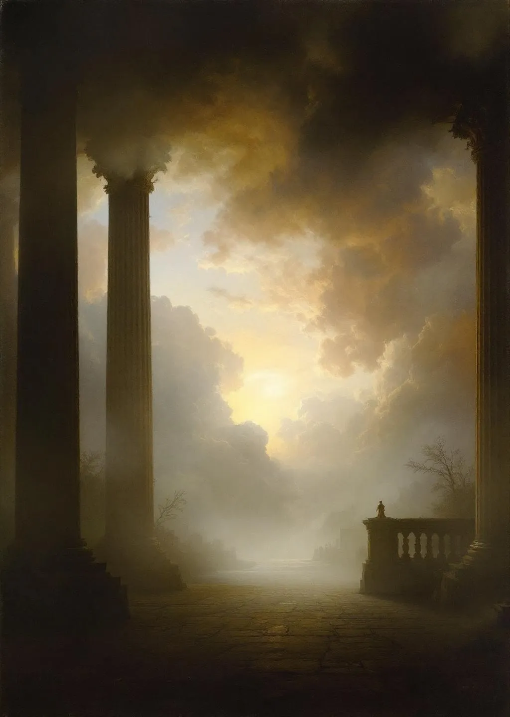 Prompt: A perspective from the interior of a palace with tall columns . Mist . The most striking element is the sky . Thick, billowing clouds stretch across the sky, heavy and textured with tones of grey, brown, and hints of blue. These clouds seem to part just enough to reveal a glowing band of soft, golden-yellow light near the horizon, suggesting either a sunrise or a sunset. This light gently spills across the landscape, casting a muted radiance that enhances the depth and mystery of the scene. The style of 19th-century realism.