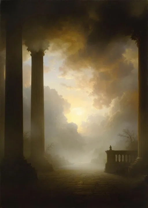 Prompt: A perspective from the interior of a palace with tall columns . Mist . The most striking element is the sky . Thick, billowing clouds stretch across the sky, heavy and textured with tones of grey, brown, and hints of blue. These clouds seem to part just enough to reveal a glowing band of soft, golden-yellow light near the horizon, suggesting either a sunrise or a sunset. This light gently spills across the landscape, casting a muted radiance that enhances the depth and mystery of the scene. The style of 19th-century realism.