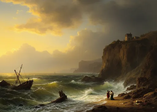 Prompt: A classic Romantic-era maritime scene  in the style of 19th-century realism   depicting a dramatic shipwreck scene at sunset . In the foreground the sea is turbulent, with crashing waves and white foam, suggesting the aftermath of a violent storm. Near the bottom left, debris from a wrecked ship floats in the water—broken masts and parts of the hull are partially submerged.
The color of the water reflects the warm light from the sky, with hues of yellow, orange, and gold mixing with cooler blues and greys, enhancing the sense of chaos and contrast. To the right, a rocky cliff looms, casting a shadow over the land below.
Atop the cliff or nestled against it is a small building, possibly a chapel or watchtower, dimly lit and isolated. It adds a human, spiritual presence in contrast to the raw power of nature.
A group of three figures—perhaps survivors or rescuers—stand on the shore. Some are kneeling, while others appear to be assisting someone or praying. Their small scale emphasizes the vastness and danger of the natural world.
In the background a large sailing ship leans dramatically to one side, clearly damaged or partially sunken. Its masts are broken or tangled, and it is shrouded in mist and sea spray.
The ship is backlit by a glowing sun, either setting or rising on the horizon. The light is intense and diffused, creating a surreal, almost divine contrast between the violent sea and the serene glow.
The sunlight casts a golden aura over the entire scene, giving it a haunting beauty.
The overall mood is dramatic, melancholic, and reverent.
The scene captures the power of nature, the fragility of human life, and possibly a moment of salvation or mourning.
The lighting plays a key emotional role—despite the destruction, the glowing sky suggests hope, divinity, or a new beginning. 
The blend of luminous beauty and dark tragedy is a hallmark of Romantic art, evoking strong emotional responses and a sense of awe.