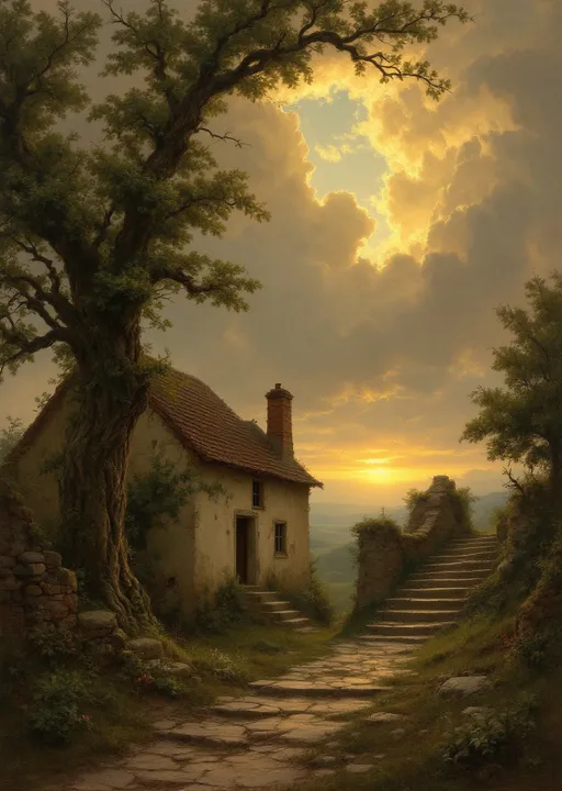 Prompt: A painting in the style of 19th-century realism. A very narrow sunlit stone alley from a country side . An old weathered house with peeling plaster . An old gnarled tree . An old , weathered , ruined stone wall . Lush greenery . Mist .Stone steps leading upward turning out of sight .The most striking element is the sky . Thick, billowing clouds stretch across the sky, heavy and textured with tones of grey, brown, and hints of blue. These clouds seem to part just enough to reveal a glowing band of soft, golden-yellow light near the horizon, suggesting either a sunrise or a sunset. This light gently spills across the landscape, casting a muted radiance that enhances the depth and mystery of the scene. A painting in the style of 19th-century realism.