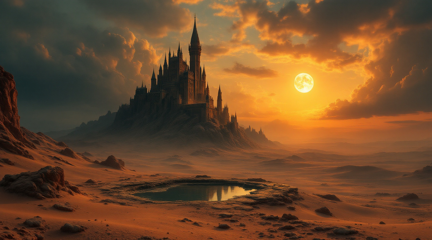 Prompt: A surreal and majestic desert landscape featuring a towering gothic castle on a rocky hill , with a small reflective pool in the foreground . The sky is dramatic , filled with dense clouds , a glowing moon contrasts with the golden hues of a setting sun . The scene evokes a mystical and other worldy atmosphere

