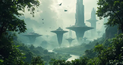 Prompt: A breathtaking fusion of untouched natural beauty and advanced futuristic civilization, likely from a science fiction or fantasy world.
The foreground of the image is dominated by a dense, verdant, lush tropical forest and diverse undergrowth. Birds and flying creatures are scattered through the air, enhancing the sense of a thriving, untouched ecosystem.

As the eye moves toward the background, a river or lake winds peacefully through the forested valley, reflecting the sunlight and adding depth to the landscape. The water glistens subtly, leading the viewer’s gaze toward the far distance, where the image takes a dramatic turn.

Rising out of the misty horizon are several colossal, futuristic structures—tall, sleek towers that suggest advanced architecture and technology. These buildings are partially obscured by fog and sunlight, giving them an ethereal quality. They appear to be floating above or integrated seamlessly into the forest below. Some structures hover in mid-air, supported by unknown technology, while others are built on platforms that rise high above the treetops.

In the sky, various flying vehicles or drones can be seen, traveling between the structures or hovering above the landscape. These craft add a sense of motion and life to the futuristic city, implying a highly developed and interconnected society.

Despite the technological marvels, the natural world dominates the scene, suggesting a harmonious coexistence between nature and civilization. 

The most striking element is the sky . Thick, billowing clouds stretch across the sky, heavy and textured with tones of grey, brown, and hints of blue. These clouds seem to part just enough to reveal a glowing band of soft, golden-yellow light near the horizon, suggesting either a sunrise or a sunset. This light gently spills across the landscape, casting a muted radiance that enhances the depth and mystery of the scene. The style of 19th-century realism .


