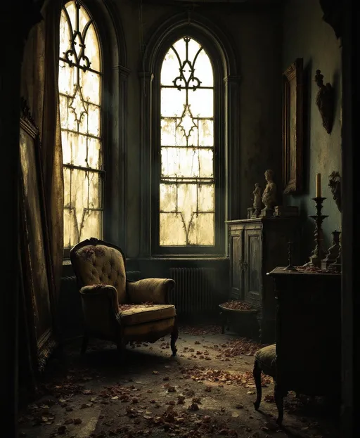 Prompt: A small , very dark , dusty room filled with  Victorian-era relics - torn parlor chairs , damaged furniture , candlesticks , old paintings  and statues . Faint textures of mold and dampness add to the air of abandonment and stillness.  Sickly , yellowish diffuse light of the sunset filters through tall Victorian arched windows made of frosted, grimy and very dirty glass. Cobwebs cling to the corners. Withered flower petals are scattered across the floor. The air is thick with dust and the atmosphere is heavy , decayed and haunting . The faint mist or dust particles suspended in the air catch the windows light, enhancing the sense of quiet decay . 