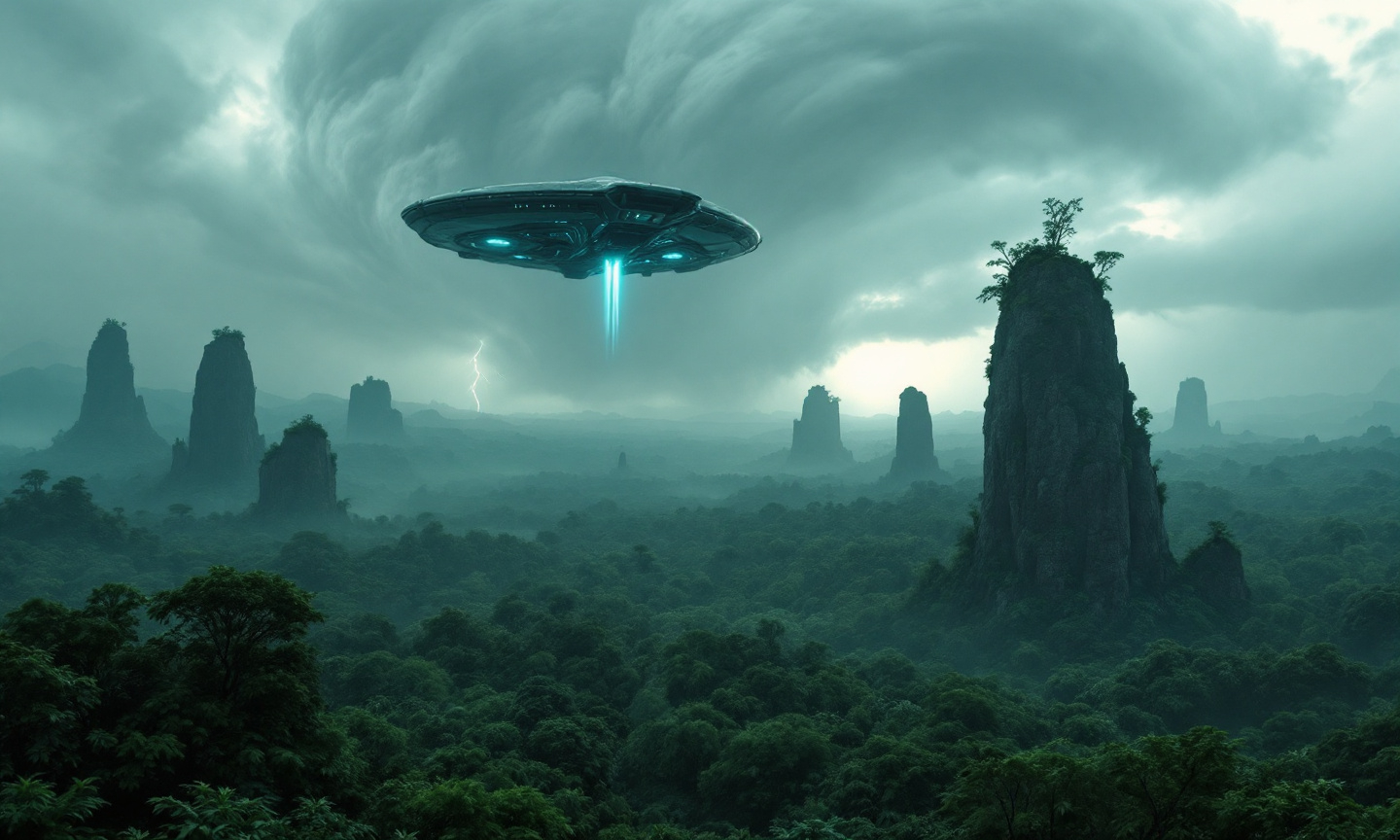 Prompt: In the distance the spacecraft from the movie Prometheus hovers low over a dense , verdant lush jungle its vertical engines glowing with teal-blue luminescence . The design of the ship is elegant with curved lines and glowing circuit-like details suggesting advanced alien technology. The craft emits a faint vertical beam of light from its engines indicating motion or hovering propulsion
Beneath the ship stretches a vast, untouched lush jungle teeming with dark green foliage that blasnkets the land in soft, undulating waves . Waterfalls. Rising dramatically from this sea of trees are several scattered towering , vertical rock formations . These natural pillars are covered with sparse vegetation and small trees clinging to their surfaces and tops giving the scene a mystical, otherworldy feel.
In the background the sky is ominously overcast with a thick, huge, swirling storm cloud above the horizon. In the eye of the storm a bolt of lightning splits the sky adding tension and energy to the composition . The lighting is moody and cinematic with a subtle glow illuminating the tops of the trees and the rock pillars contrasting with the storm clouds .
The overall atmosphere of the scene is one of awe and mystery as if the viewer is witnessing an alien world untouched by time .