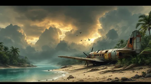 Prompt: A small, rusted, post-apocalyptic seaplane constructed from salvaged scraps, sheet metal and rope partially buried in sand dunes with faded paint and corroded surfaces evoking a sense of desolation and survival. A turquoise lake. Lush tropical plants and palms. Mist. Birds flying in the sky. The most striking element is the sky . Thick, billowing clouds stretch across the sky, heavy and textured with tones of grey, brown, and hints of blue. These clouds seem to part just enough to reveal a glowing band of soft, golden-yellow light near the horizon, suggesting either a sunrise or a sunset. This light gently spills across the landscape, casting a muted radiance that enhances the depth and mystery of the scene. The style of 19th-century realism.