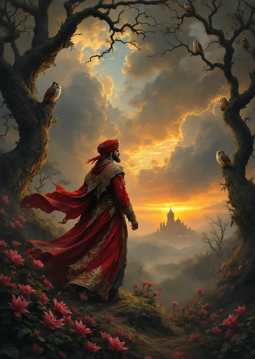 Prompt: A man dressed in a sumptuous caliph costume wearing an ornate turban and a flowing cloak walking beside his loyal servant in an enchanted lush forest with gnarled trees with swirling branches . Pink lilies . Tens of owls perched on tree branches . Mist. An Arabian palace in the distance above the treetops. Blood-red sunset. The most striking element is the sky . Thick, billowing clouds stretch across the sky, heavy and textured with tones of grey, brown, and hints of blue. These clouds seem to part just enough to reveal a glowing band of soft, golden-yellow light near the horizon, suggesting either a sunrise or a sunset. This light gently spills across the landscape, casting a muted radiance that enhances the depth and mystery of the scene. The style of 19th-century realism .