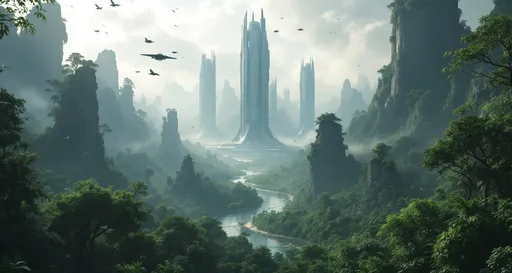 Prompt: A breathtaking fusion of untouched natural beauty and advanced futuristic civilization, likely from a science fiction or fantasy world.
The foreground of the image is dominated by a dense, verdant, lush tropical forest and diverse undergrowth. Birds and flying creatures are scattered through the air, enhancing the sense of a thriving, untouched ecosystem.

As the eye moves toward the background, a river or lake winds peacefully through the forested valley, reflecting the sunlight and adding depth to the landscape. The water glistens subtly, leading the viewer’s gaze toward the far distance, where the image takes a dramatic turn.

Rising out of the misty horizon are several colossal, futuristic structures—tall, sleek towers that suggest advanced architecture and technology. These buildings are partially obscured by fog and sunlight, giving them an ethereal quality. They appear to be floating above or integrated seamlessly into the forest below. Some structures hover in mid-air, supported by unknown technology, while others are built on platforms that rise high above the treetops.

In the sky, various flying vehicles or drones can be seen, traveling between the structures or hovering above the landscape. These craft add a sense of motion and life to the futuristic city, implying a highly developed and interconnected society.

Despite the technological marvels, the natural world dominates the scene, suggesting a harmonious coexistence between nature and civilization. 

The most striking element is the sky . Thick, billowing clouds stretch across the sky, heavy and textured with tones of grey, brown, and hints of blue. These clouds seem to part just enough to reveal a glowing band of soft, golden-yellow light near the horizon, suggesting either a sunrise or a sunset. This light gently spills across the landscape, casting a muted radiance that enhances the depth and mystery of the scene. The style of 19th-century realism .

