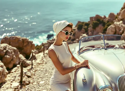 Prompt: A vintage scene with a stylish beautiful woman dressed in a sleeveless white tweed outfit . She also wears a white headscarf and 1950's-style sunglasses  .She is leaning on a silvery 1950's Jaguar XK parked on a rocky serpentine road around Monaco. Sunlight . Sea sparkles in the distance evoking the glamour of the 1950's Riviera .