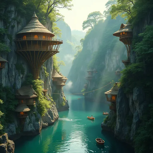 Prompt: A turquoise river flows through a  large forested canyon . Along the steep cliffs sci-fi bamboo vertical cliff dwellings shaped like elongated swallow's nest are precariously perched blending with natural surroundings . The nests are suspended anchored to the rocky walls with sturdy ropes . Wooden and rope bridges among the dwellings . Boats on the river . Wips of smoke rise gently from the huts carrying the scent cooked food into the air creating a mystical and tranquil atmosphere . Mist . Steam rises from the trees . Golden sunlight