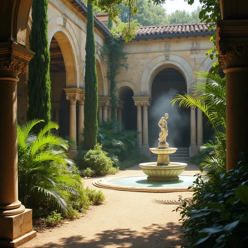 Prompt: The interior garden of an ancient Tuscan monastery with tropical and mediterranean plants and trees, cypresses , columns , arches , a fountain with a statue , pebbles and sand on the ground .Mist .Sunlight