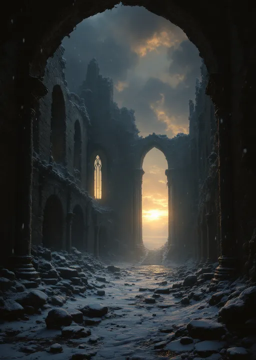 Prompt: The snow-powdered dark hall of a  dark, ruined castle with collapsed roof allowing heavy snowfall to pour inside. Arched  windows let in a cold, dim sunset light . Columns . Statues .  Mist. Snow blown by the wind.  Haunting, ethereal beauty . Night . Mysterious atmosphere.  The most striking element is the sky . Thick, billowing clouds stretch across the sky, heavy and textured with tones of grey, brown, and hints of blue. These clouds seem to part just enough to reveal a glowing band of soft, golden-yellow light near the horizon, suggesting either a sunrise or a sunset. This light gently spills across the landscape, casting a muted radiance that enhances the depth and mystery of the scene. The style of 19th-century realism.
