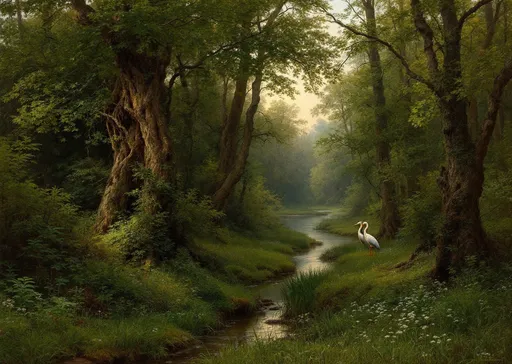 Prompt: A lush, untouched forest  in the style of 19th-century realism during  late afternoon  bathed in soft, natural light. Tall trees, a mix of deciduous and coniferous, dominate the composition, their leaves and branches creating a dense canopy overhead. Some trees are upright, while others lean precariously or have fallen, their trunks now resting on the ground or across the water, adding a sense of age and natural progression to the forest.

In the foreground, thick grass, reeds, and underbrush grow freely, rich in green tones and sprinkled with white wildflowers. A small, shallow stream or pond cuts through the center of the scene, its surface calm and reflective, bordered by patches of moss and aquatic plants. The water gently winds deeper into the forest, inviting the viewer’s eye to follow its path into the mysterious background.

To the right, near the water’s edge, a pair of herons or storks stand quietly, their greyish-white plumage contrasting subtly with the vibrant greens around them. They add a peaceful, almost meditative element to the image, reinforcing the tranquil mood of the setting.

The background fades into misty hues of blue and purple, suggesting atmospheric depth and distance. Light filters softly through the treetops, casting dappled shadows on the forest floor and giving the scene a slightly enchanted quality.

Overall, the image captures the beauty and stillness of a secluded natural habitat, evoking a sense of harmony, timelessness, and quiet reverence for the natural world.

