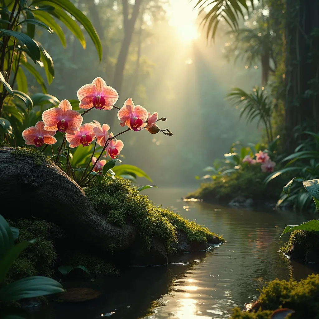 Prompt: A rotten log covered in moss . A bush of pink and orange orchids  in the middle of a tropical rainforest  with lush vegetation . A pond . Mist . Golden sunlight