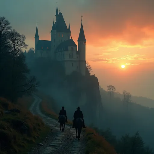 Prompt: The scary Dracula's castle on a cliff with a strange and monstruous architecture . Two horsemans goes up to the castle on a trail  through a lushy forest. Mist , Lit by visceral sunset , Dramatic sky 