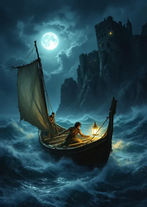 Prompt: A dramatic scene viewed from inside a small boat on a stormy sea at night. The boat has a torn sail and a glowing lantern casting light on a man wearing ragged clothes . The man holds onto a rope tightly as waves crash around him . Mist. The moon is hidden behind clouds creating a backlit sky with scattered clouds glowing faintly .
The boat heads toward a large rocky cliff where an old prison-fortress stands .The atmosphere is tense and chaotic with the sea and wind roaring around the boat .