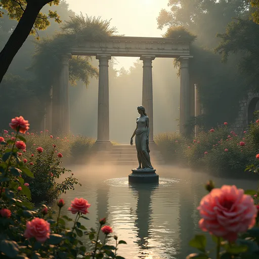 Prompt: a rose garden , a fountain , Aphrodite statue , a pond , greek columns with ruined arches , mist , golden sun
