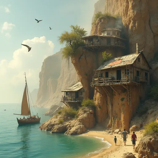 Prompt: Sandy cliffs with a small turquoise pool at their base . Tiered post-apocalyptic huts made of rags , metal sheets and wood cling to the rock face . Ropes and wood ladders . Smoke billowing from improvised chimneys . Scattered bushes and small trees . Adults and children dressed in tattered clothing move about .A raft with a makeshift sail drifts on the water . Birds soaring in the air . Sunset. Mist