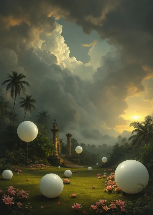 Prompt: Five round, white balloons of different sizes floating gently or resting on the lawn of a lush tropical  garden with plants and palms . Pink lilies. Ruins . A giant chess board. Mist. The atmosphere is serene and dreamlike with a sense of sacred stillness. The most striking element is the sky . Thick, billowing clouds stretch across the sky, heavy and textured with tones of grey, brown, and hints of blue. These clouds seem to part just enough to reveal a glowing band of soft, golden-yellow light near the horizon, suggesting either a sunrise or a sunset. This light gently spills across the landscape, casting a muted radiance that enhances the depth and mystery of the scene. The style of 19th-century realism .