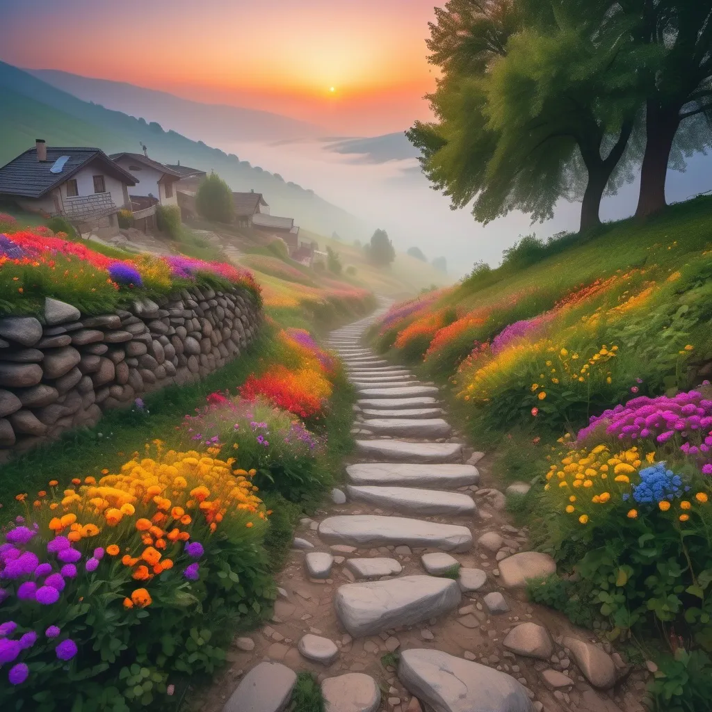 Prompt: a path paved with stones going down a hill covered with a carpet of brightly colored multicolored flowers. In the valley a village covered by fog .  Some trees .Lit by sunset . Brightly colors , Magic and glowing atmosphere