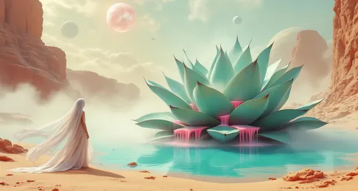 Prompt: Sand dunes . A goddess dressed in flowing white veils stands gracefully gazing at a giant , magical turquoise agave with coiled leaves that grows in a turquoise lake. Mist. A cascade of pink liquid flows down the agave's leaves creating an ethereal atmosphere . Steam rising from the agave . Sandy cliffs. Sci-fi buildings. The entire scene is shrouded in mist with clouds drifting gently above the sand . A giant, ringed gaseous planet with satellites in the sky .