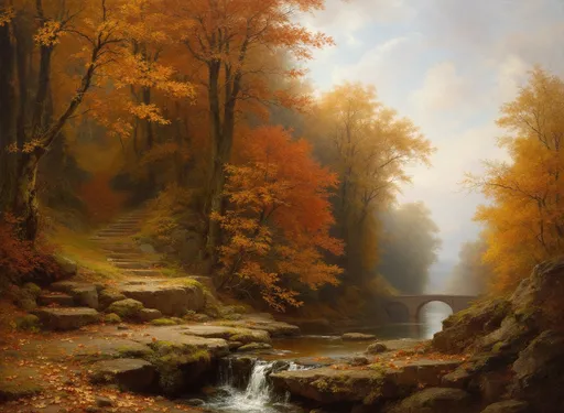 Prompt: A vivid and serene autumn landscape in the style of 19th-century realism characterized by warm, rich colors and dramatic natural beauty. The scene is composed in a vertical format, drawing the viewer’s eye from the lush foreground all the way to the distant background, where a river and stone bridge gently meet the horizon.
In the foreground in the lower part of the scene showcases a rocky terrain, possibly the edge of a cliff or a forest floor. Moss-covered stones, scattered fallen leaves, and a small stream or waterfall trickling down from the rocks add texture and movement to this part of the scene. The earth tones—browns, ochres, and dark greens—establish a naturalistic and grounded base for the composition.
Rising from the foreground is a dense forest bursting with autumn foliage. The trees on both sides display a breathtaking palette of golden yellows, burnt oranges, deep reds, and greens, signaling the peak of the fall season. The tall, majestic trees reach upward, their branches curling and stretching toward the sky. Some areas are dappled with sunlight, suggesting it is either late afternoon or early morning when the sun is low and golden.
A path or open space winds through the trees, guiding the eye toward the valley below, where the colors of the forest are reflected in the soft light.
In the distance, the painting opens up to a breathtaking river valley. The river flows calmly through the valley, and a large stone bridge with multiple arches crosses it gracefully. This architectural element provides a subtle human presence in the otherwise untamed natural landscape.
Beyond the bridge, the landscape continues into soft, hazy blue hills under a gentle, cloud-filled sky. The colors become cooler and lighter with distance, creating a convincing sense of atmospheric perspective.
A lone bird can be seen soaring in the sky, enhancing the sense of peaceful solitude and natural harmony.