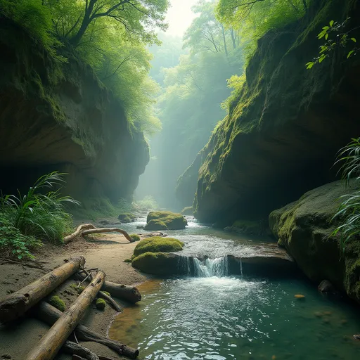 Prompt: A deep green mountain stream flowing   filling a deep cavity , a giant boulder, sandbank with rotting wood ,  willows , mist , sunlight