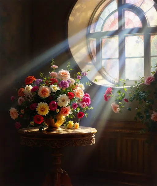 Prompt: A painting in the style of 19th-century realism. Sunlight filtering through a window shaped like a rose with pink stained glass casting soft beams across an ornate wooden table with a lavish bouquet of flowers on it. The sunlight cast colorful reflections across the hazy room