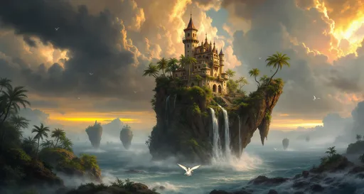 Prompt: A  fairytale castle perched atop a rocky cliff covered in lush, tropical plants and palm trees. Waterfalls cascade down its sides. The floating rock hovers above a stormy sea shrouded in mist and clouds . Mist. The base of the rock is narrow and pointed. Several similar floating rocks are visible in the distance. White dragons fly around the palace. In the foreground a prince rides a flying white dragon. The most striking element is the sky . Thick, billowing clouds stretch across the sky, heavy and textured with tones of grey, brown, and hints of blue. These clouds seem to part just enough to reveal a glowing band of soft, golden-yellow light near the horizon, suggesting either a sunrise or a sunset. This light gently spills across the landscape, casting a muted radiance that enhances the depth and mystery of the scene. The style of 19th-century realism .