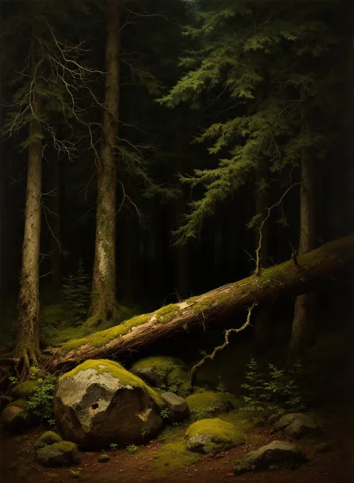 Prompt: A dense, shadowy forest scene in the style of 19th-century realism .
The scene captures a deep coniferous forest, bathed in dim, earthy light. The forest is densely packed with tall pine and spruce trees, their trunks rising vertically and disappearing into the dark green canopy above. The trees vary in thickness, and many are covered with patches of moss and lichen, emphasizing the age and moistness of the forest. Their branches, some bare and others draped with needles, reach out in jagged, angular directions.

In the foreground, the forest floor is uneven and richly carpeted with thick, velvety green moss. Large rocks protrude from the earth, partially covered in moss, blending seamlessly with the surrounding undergrowth. A prominent fallen tree trunk stretches horizontally across the lower part of the scene, its exposed roots twisted and gnarled, suggesting it has been lying there for some time. Smaller, spindly saplings grow amongst the underbrush, struggling for light under the dense canopy.

The middle ground fades into darkness, where the trees grow even closer together, creating a sense of depth and mystery. The dense shadows give the impression that the forest continues indefinitely, evoking a sense of quiet, solemn solitude. There is no visible wildlife or human presence, enhancing the pristine, untouched quality of the wilderness.

The overall mood of the painting is tranquil yet slightly haunting, with the meticulous attention to natural detail creating a powerful sense of immersion in an ancient, undisturbed forest.